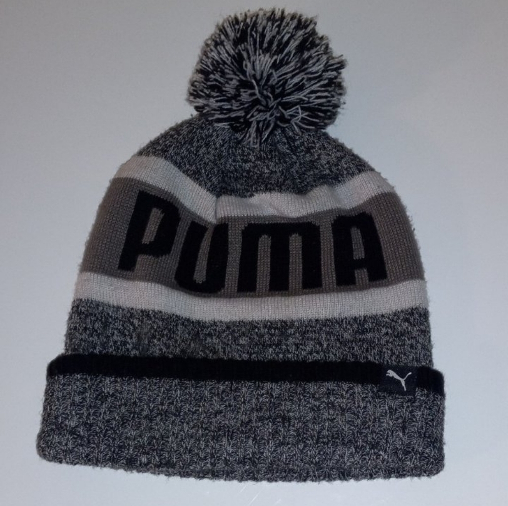 Mens One Size Puma Pompom Beanie Winter Hat Black/Gray
